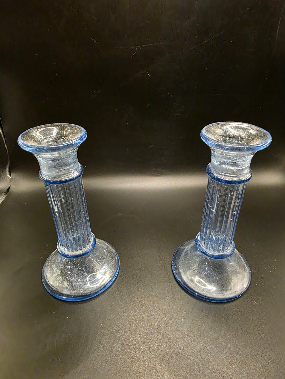 Pair Light Blue Seeded Glass Candlestick Holders Taper Ribbed Column 5.5" Tall